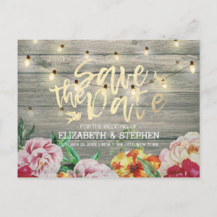 Rustic Wood Floral String Lights Save The Date Announcement Postcard