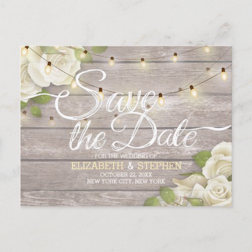 Rustic Wood Floral String Lights Save The Date Announcement Postcard