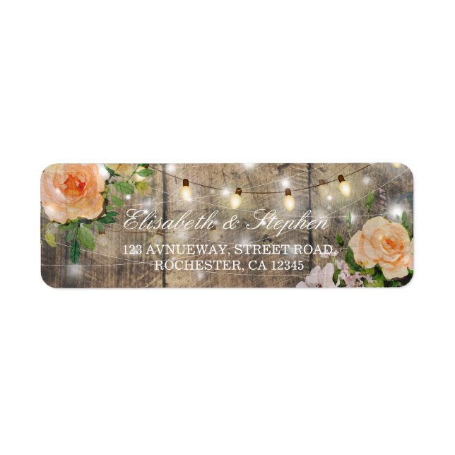 Rustic Wood Floral String Lights Wedding Address Label (Front)
