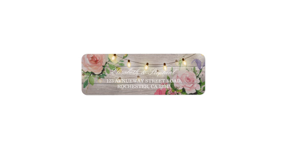Rustic Wood Floral String Lights Wedding Address Label | Zazzle