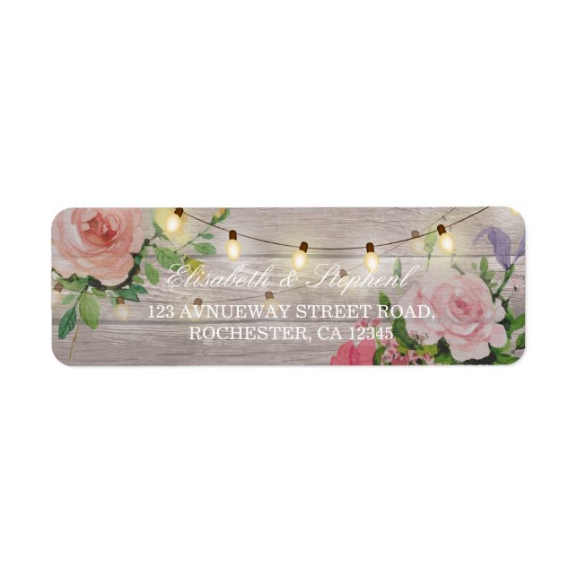 Rustic Wood Floral String Lights Wedding Address Label (Front)