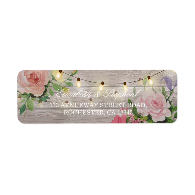 Rustic Wood Floral String Lights Wedding Address Label | Zazzle