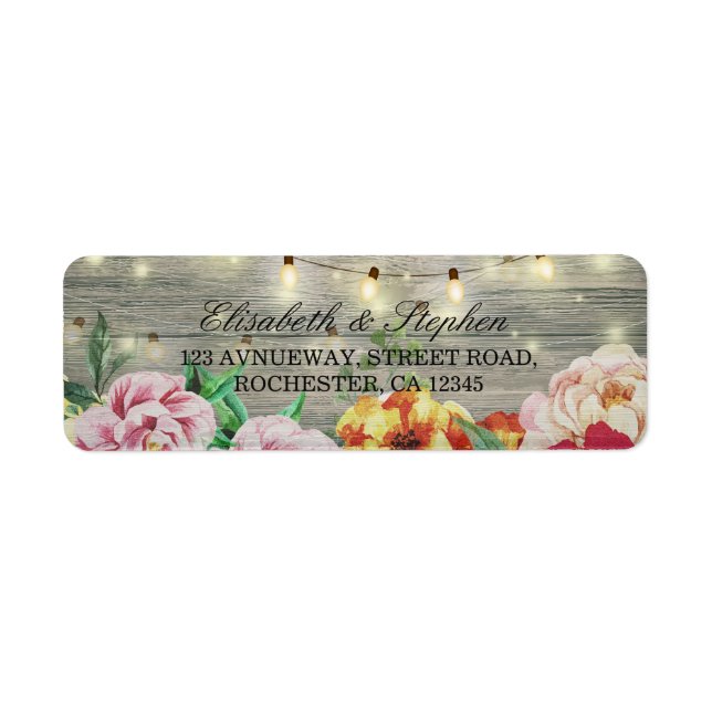 Rustic Wood Floral String Lights Wedding Address Label (Front)