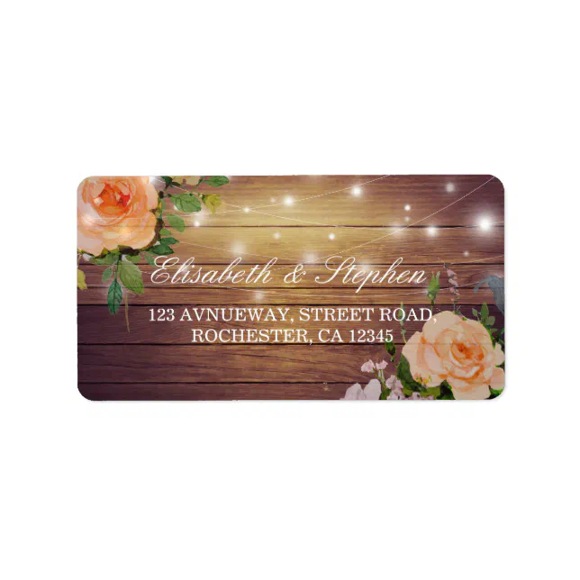 Rustic Wood Floral String Lights Wedding Address Label | Zazzle