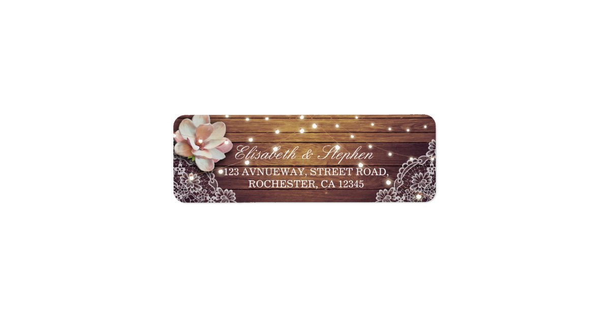 Rustic Wood Floral String Lights Wedding Address Label | Zazzle