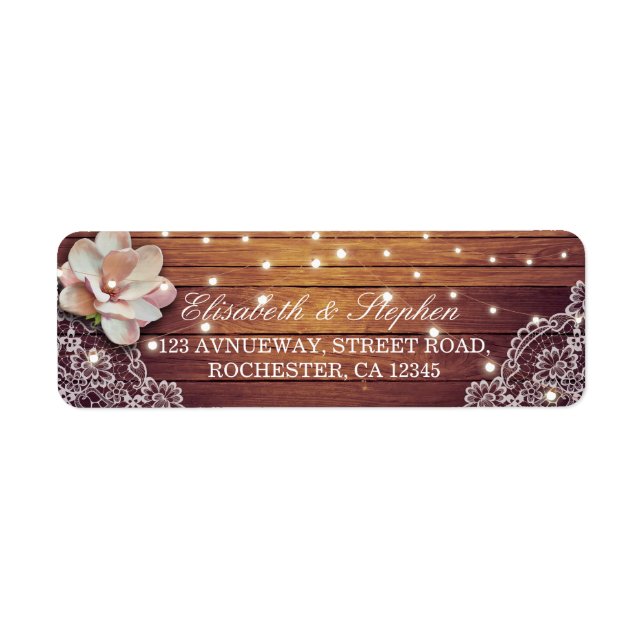 Rustic Wood Floral String Lights Wedding Address Label (Front)
