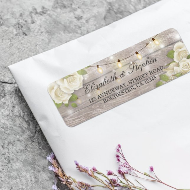 Rustic Wood Floral String Lights Wedding Address Label (Creator Uploaded)