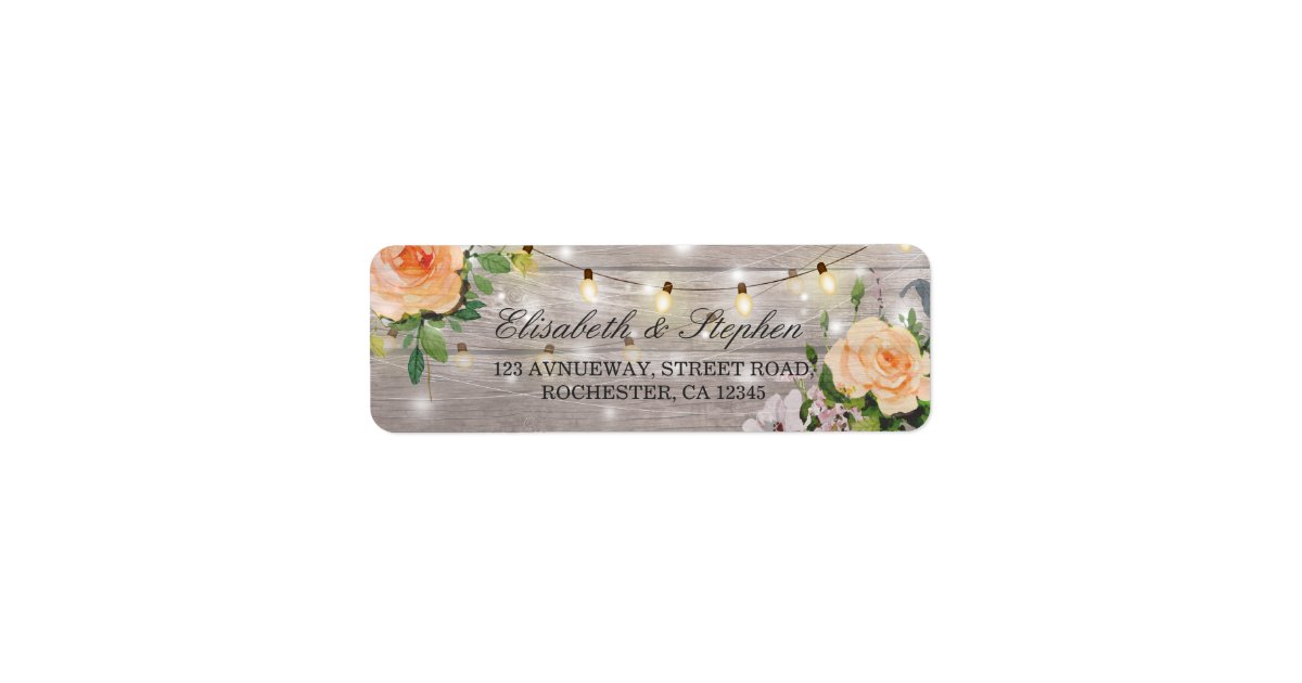 Rustic Wood Floral String Lights Wedding Address Label | Zazzle