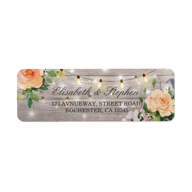 Rustic Wood Floral String Lights Wedding Address Label | Zazzle