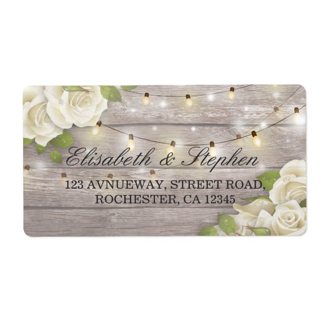 Rustic Wood Floral String Lights Wedding Address Label (Front)