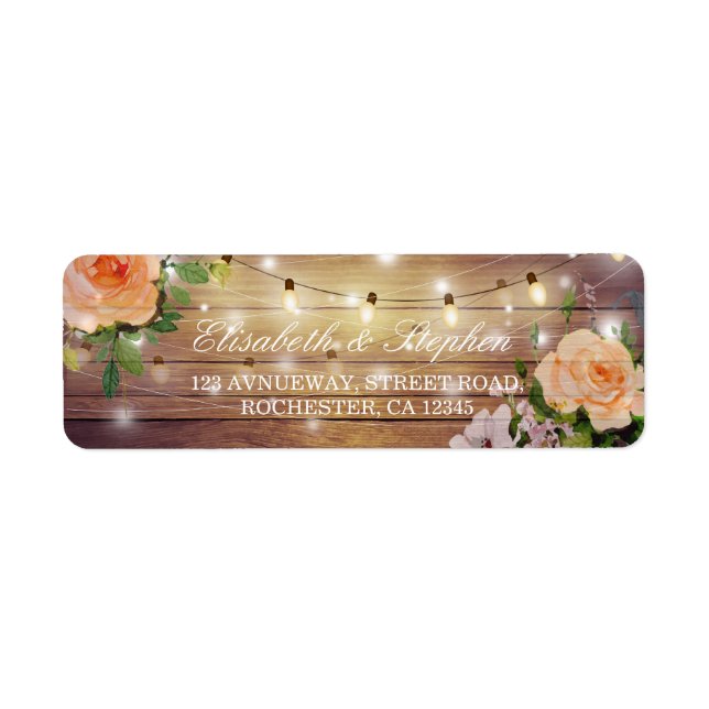 Rustic Wood Floral String Lights Wedding Address Label (Front)