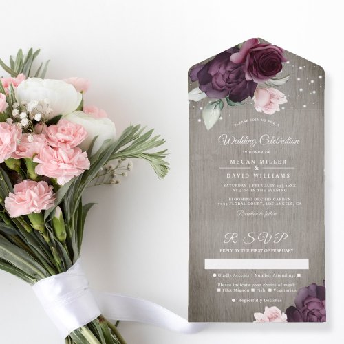 Rustic Wood  Floral String Lights Wedding  All In One Invitation