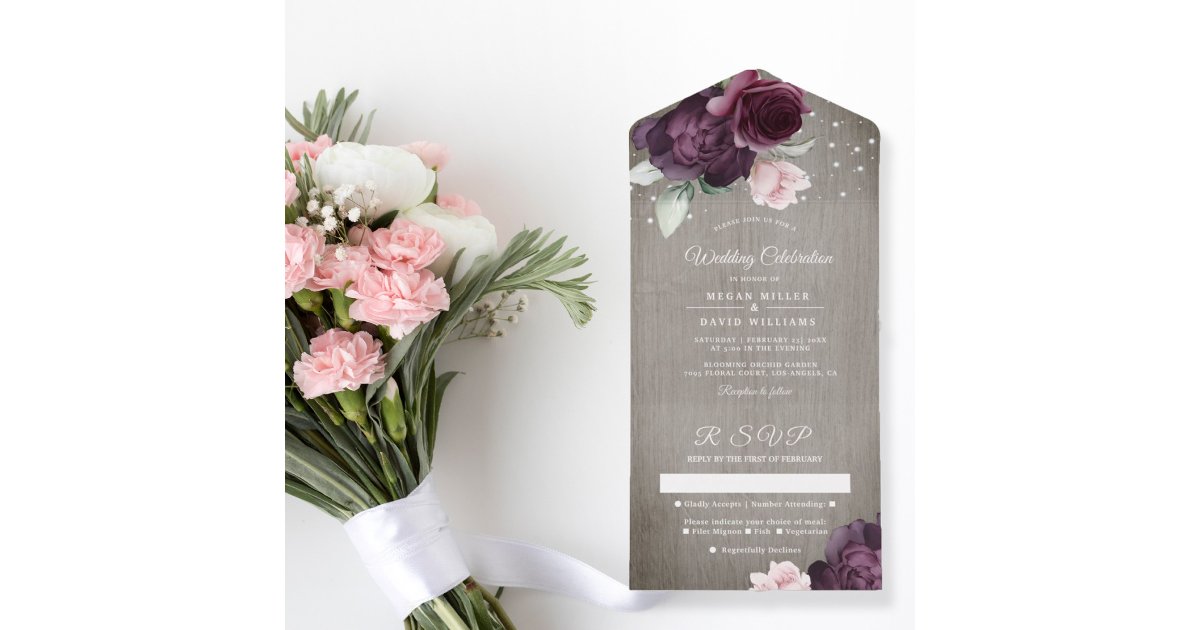 Rustic Wood | Floral String Lights Wedding All In One Invitation | Zazzle