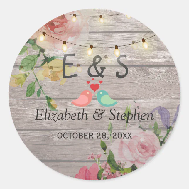 Rustic Wood Floral String Lights Wedding Favor Classic Round Sticker ...