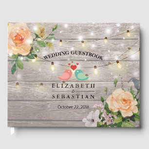Rustic Wood Floral String Lights Wedding Guestbook