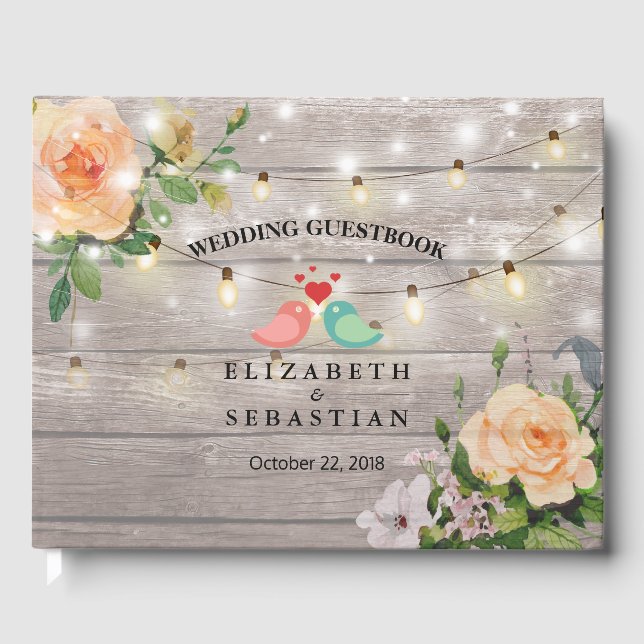 Rustic Wood Floral String Lights Wedding Guestbook (Front)