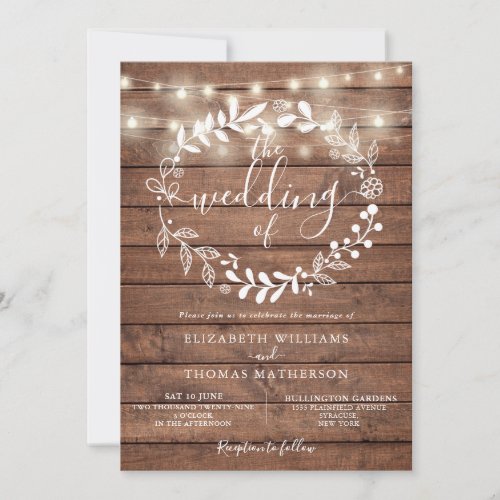 Rustic Wood Floral String Lights Wedding Invitatio Invitation