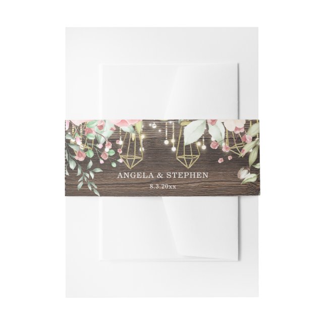 Rustic Wood Floral String lights Wedding Invitation Belly Band (Front Example)
