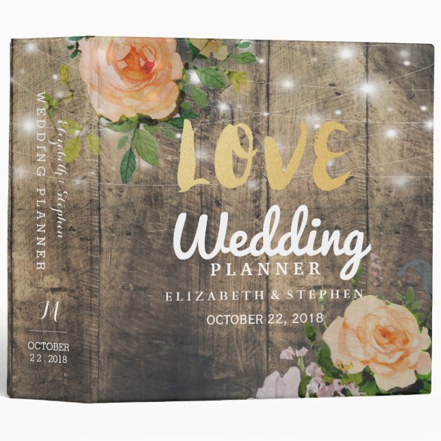 Rustic Wood Floral String Lights Wedding Planner 3 Ring Binder (Front/Spine)