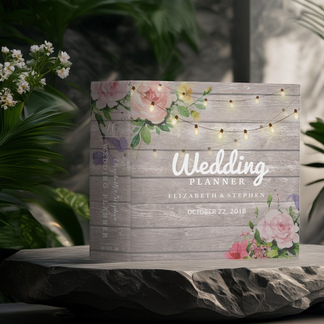 Rustic Wood Floral String Lights Wedding Planner 3 Ring Binder (Creator Uploaded)
