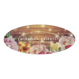 Rustic Wood Floral String Lights Wedding Planner Name Tag