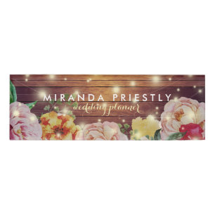 Rustic Wood Floral String Lights Wedding Planner Name Tag