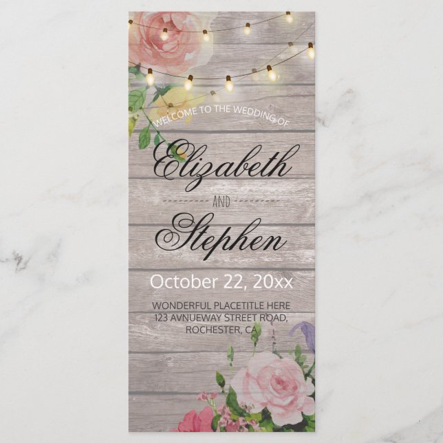 Rustic Wood Floral String Lights Wedding Program (Front)