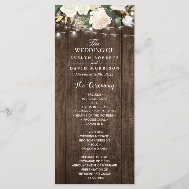 Rustic Wood Floral String Lights Wedding Program (Front)