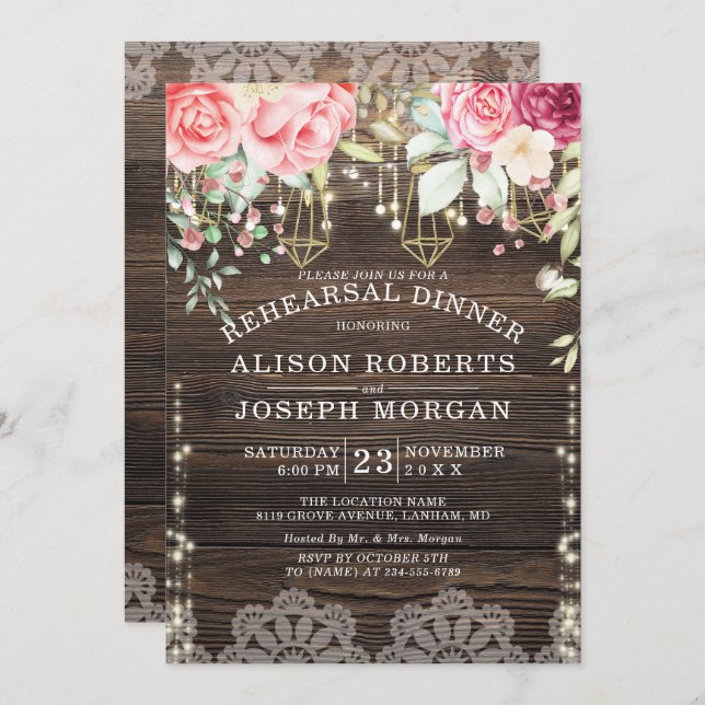 Rustic Wood Floral String lights Wedding Rehearsal Invitation (Front/Back)