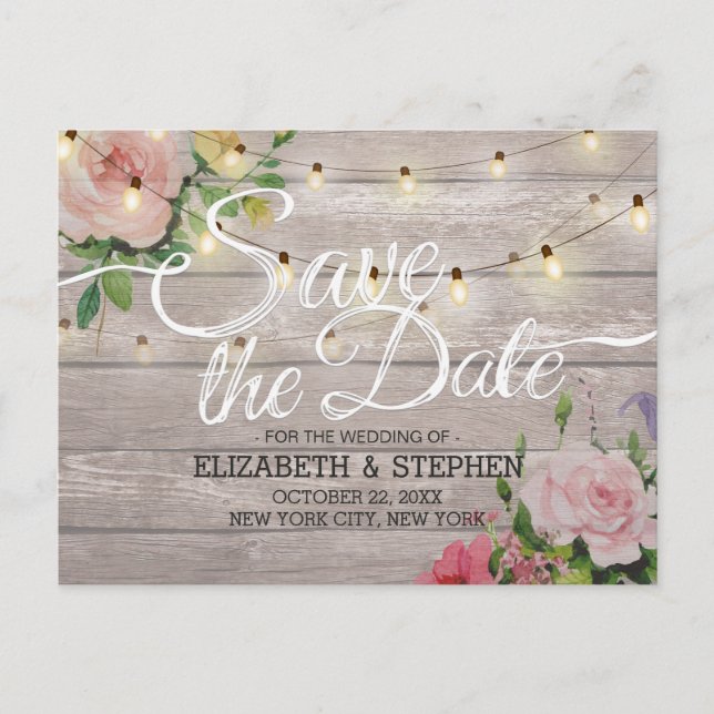 Rustic Wood Floral String Lights Wedding Save Date Announcement Postcard (Front)