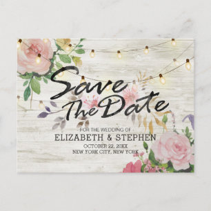 Rustic Wood Floral String Lights Wedding Save Date Announcement Postcard