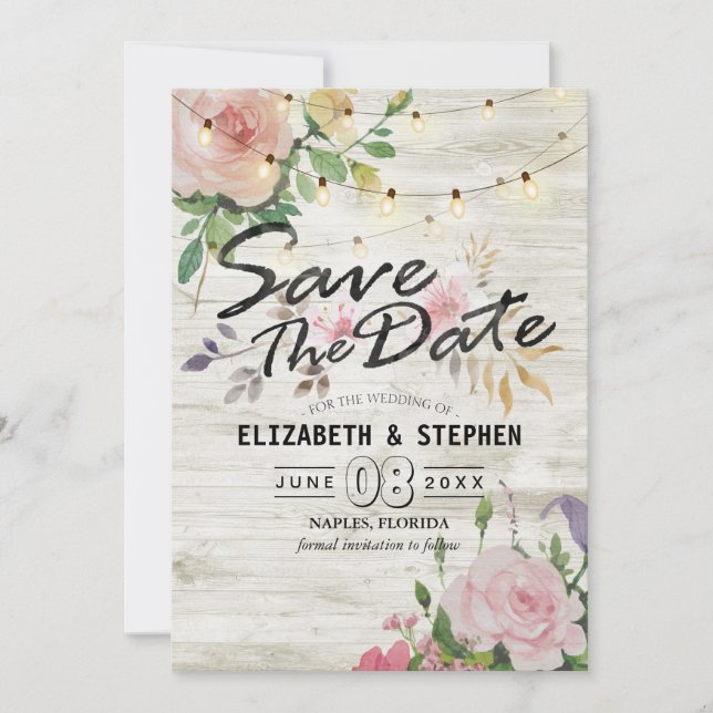 Rustic Wood Floral String Lights Wedding Save Date Save The Date (Front)
