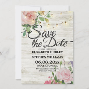 Rustic Wood Floral String Lights Wedding Save Date Save The Date