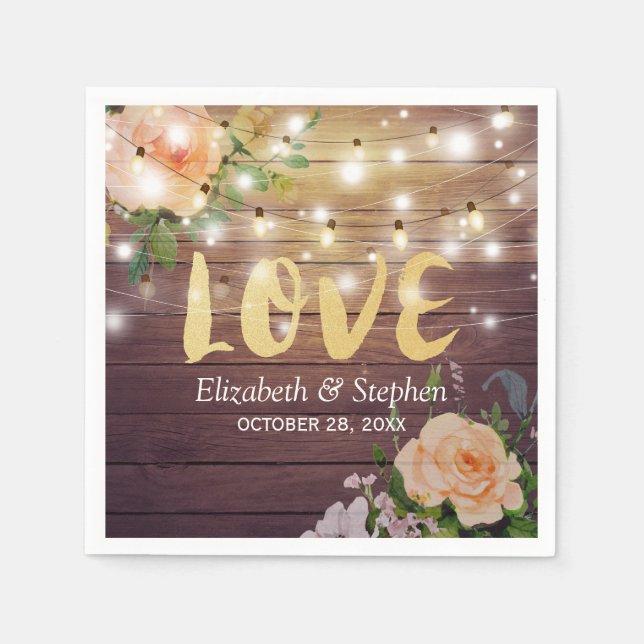 Rustic Wood Floral String Lights Wedding Shower Napkins (Front)