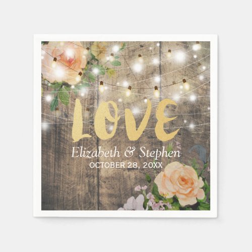 Rustic Wood Floral String Lights Wedding Shower Napkins