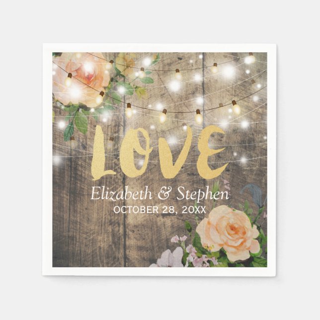 Rustic Wood Floral String Lights Wedding Shower Napkins (Front)