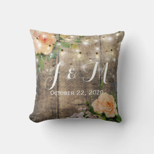 Rustic Wood Floral String Lights Wedding Shower Throw Pillow