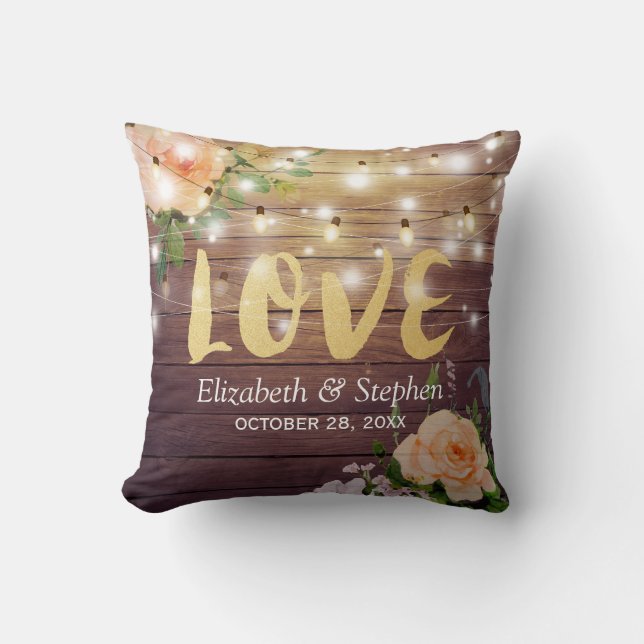 Rustic Wood Floral String Lights Wedding Shower Throw Pillow (Front)