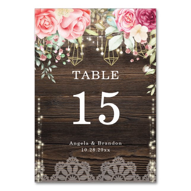 Rustic Wood Floral String lights Wedding Table Number (Front)