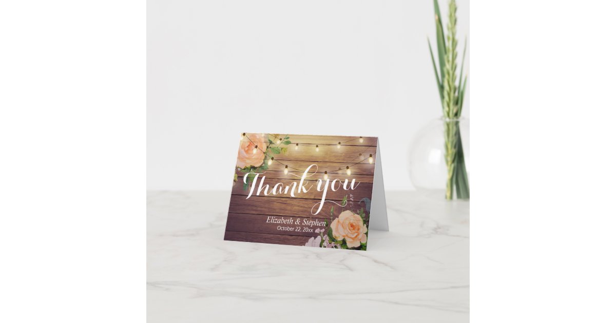 Rustic Wood Floral String Lights Wedding Thank You | Zazzle