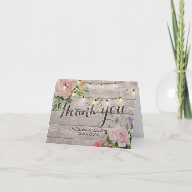 Rustic Wood Floral String Lights Wedding Thank You (Front)