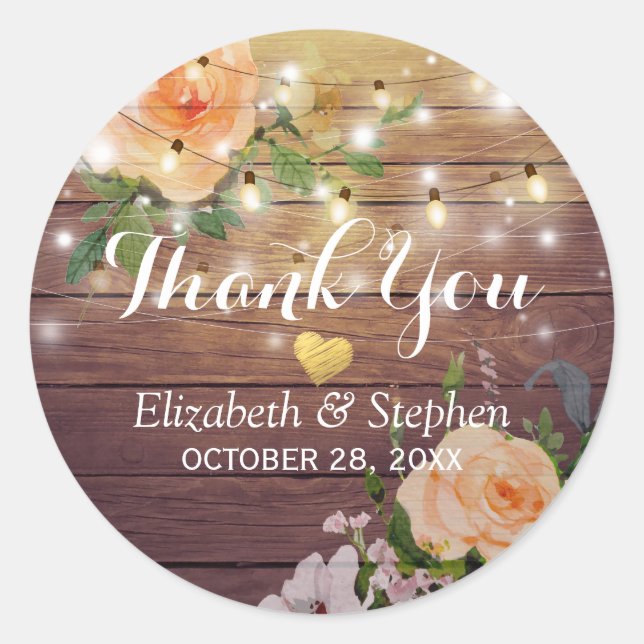 Rustic Wood Floral String Lights Wedding Thank You Classic Round Sticker (Front)