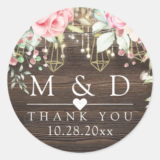 Rustic Wood Floral String lights Wedding Thank you Classic Round ...