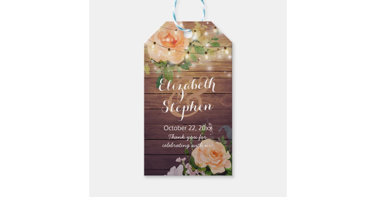 Rustic Wood Floral String Lights Wedding Thank You Gift Tags | Zazzle