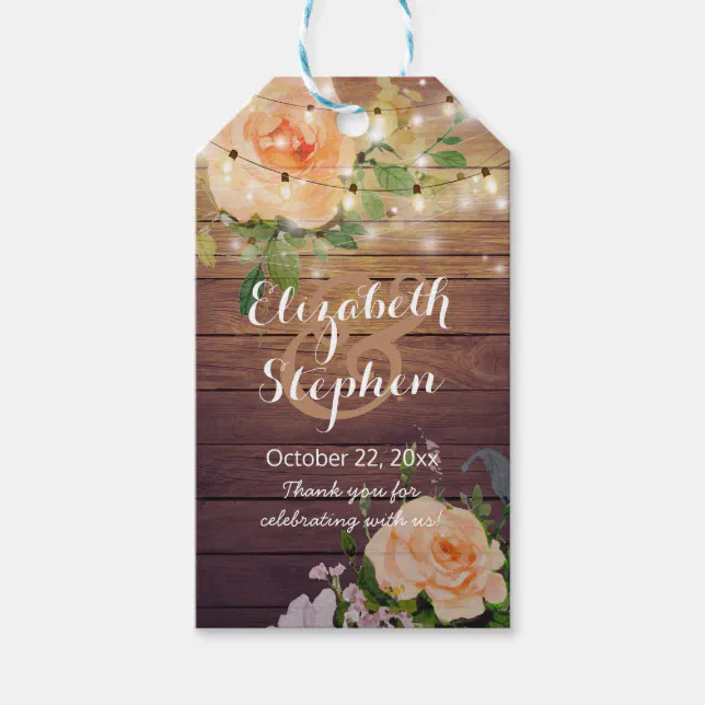 Rustic Wood Floral String Lights Wedding Thank You Gift Tags | Zazzle