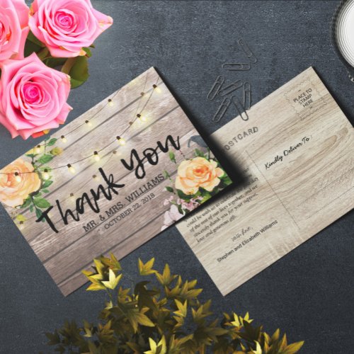 Rustic Wood Floral String Lights Wedding Thank You Postcard