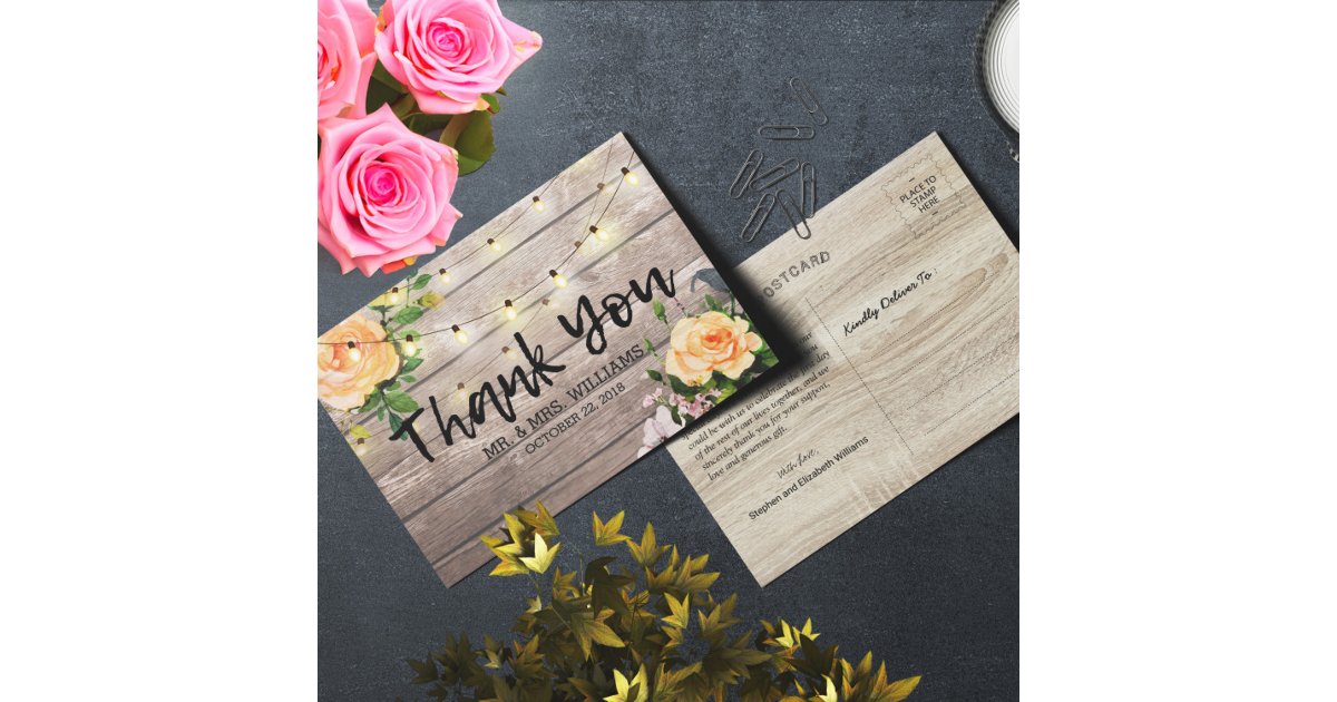 Rustic Wood Floral String Lights Wedding Thank You Postcard | Zazzle