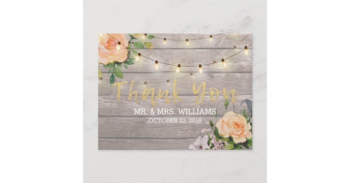 Rustic Wood Floral String Lights Wedding Thank You Postcard | Zazzle