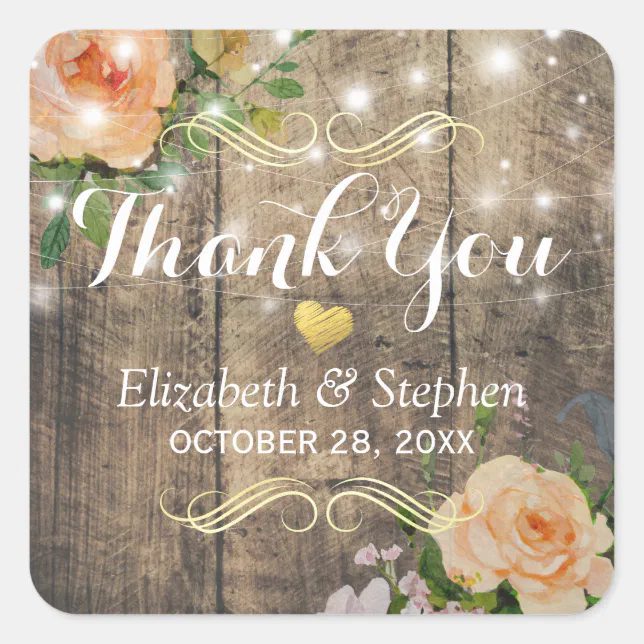Rustic Wood Floral String Lights Wedding Thank You Square Sticker | Zazzle