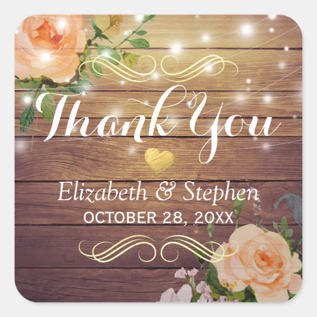 Rustic Wood Floral String Lights Wedding Thank You Square Sticker | Zazzle